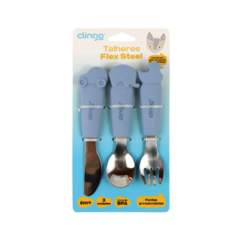 Kit talheres animais metal e silicone clingo – azul